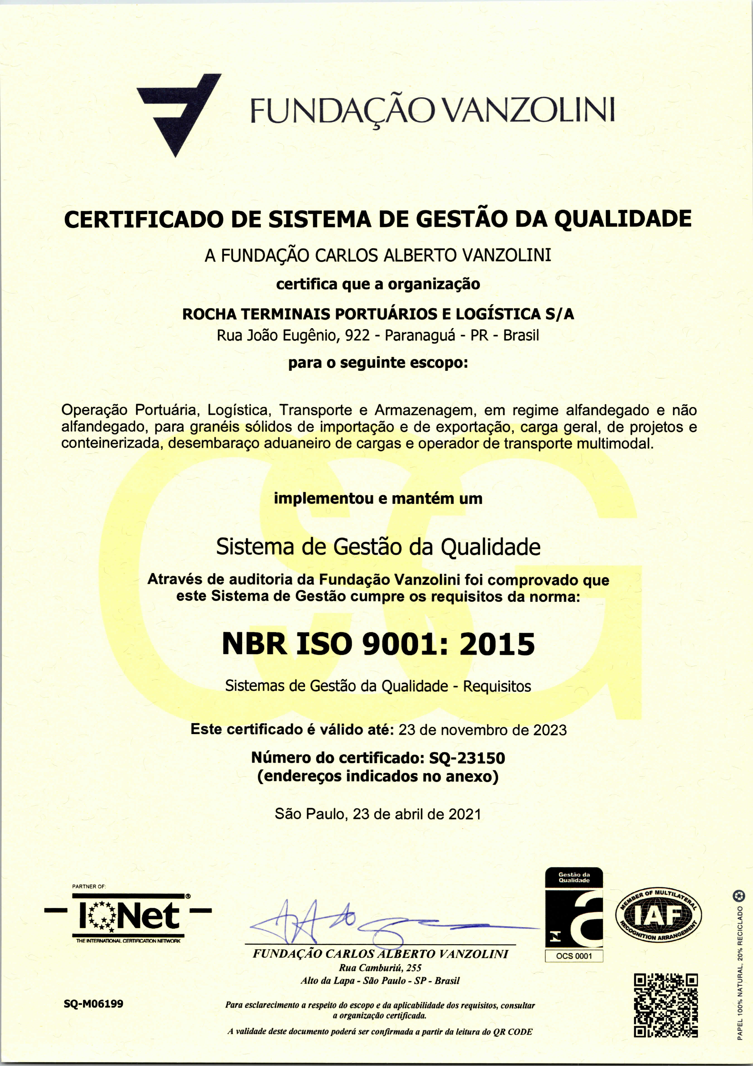 Certificação ISO 9001 Rochalog